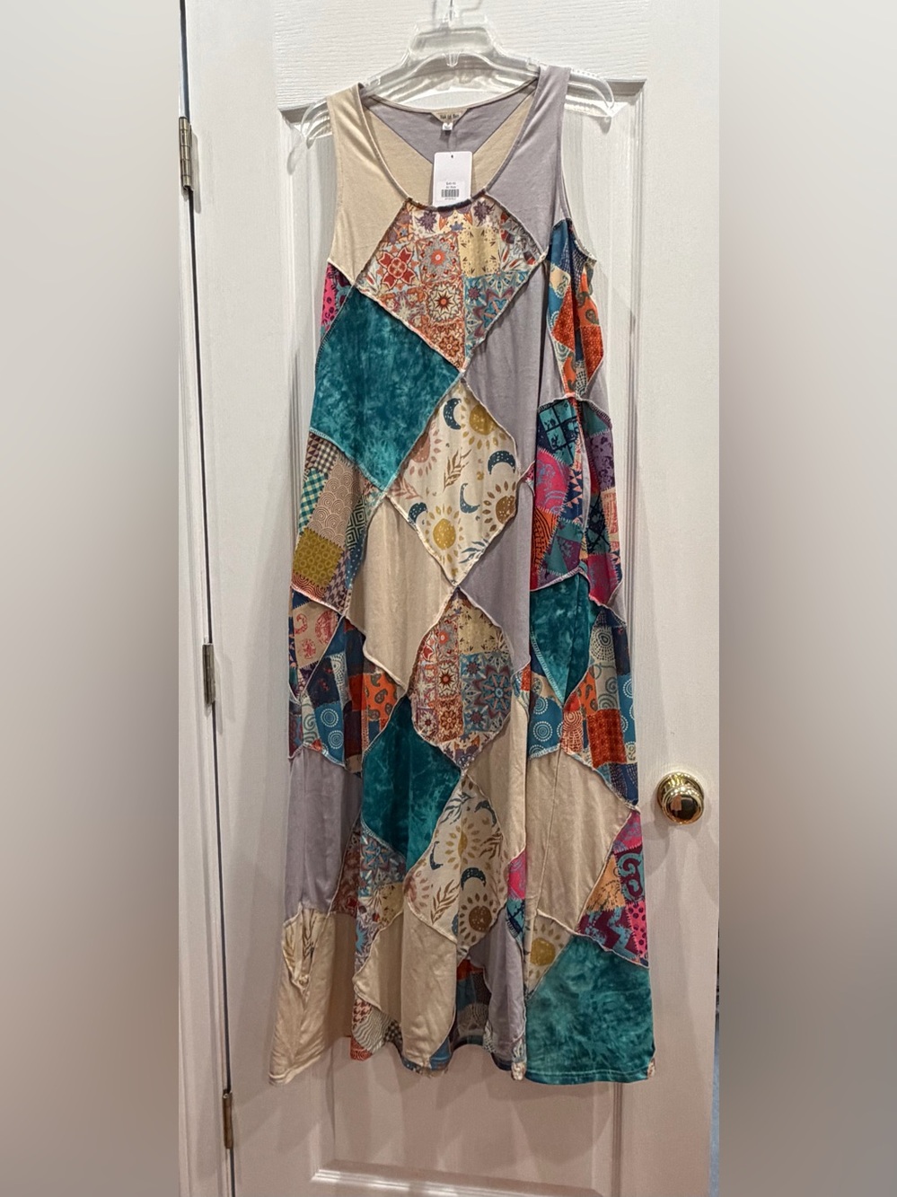 Patchwork Boho Maxi Dress in Teal and Neutral Tones